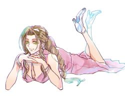 Rule 34 | 1girl, aerith gainsborough, alternate footwear, bangle, bare shoulders, bracelet, braid, braided ponytail, breasts, brown hair, choker, cleavage, closed mouth, crossed ankles, dress, eni (yoyogieni), final fantasy, final fantasy vii, final fantasy vii remake, full body, green eyes, hair ribbon, highres, jewelry, long dress, long hair, looking at viewer, lying, medium breasts, on stomach, own hands clasped, own hands together, parted bangs, pink dress, pink ribbon, ribbon, ribbon choker, sidelocks, single braid, sketch, sleeveless, sleeveless dress, smile, solo, strappy heels, white background, white footwear