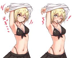 Rule 34 | !, 1girl, amagi (amagi626), armpits, bikini, bikini under clothes, black bikini, black skirt, blonde hair, blush, breasts, cleavage, clothes lift, clothes pull, collarbone, commentary request, crescent, crescent hair ornament, crescent print, frilled bikini, frills, front-tie bikini top, front-tie top, hair between eyes, hair ornament, long sleeves, looking at viewer, lunasa prismriver, medium breasts, multiple views, navel, one-hour drawing challenge, one eye closed, open mouth, pleated skirt, shirt, shirt lift, short hair, simple background, skindentation, skirt, skirt pull, standing, stomach, swimsuit, swimsuit under clothes, touhou, translation request, undressing, upper body, white background, white shirt, yellow eyes