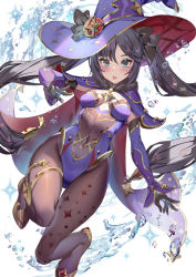 Rule 34 | 1girl, black gloves, black hair, blue eyes, breasts, brown pantyhose, cape, detached sleeves, genshin impact, gloves, gold trim, groin, hat, highleg, highleg leotard, leotard, long hair, long sleeves, looking at viewer, medium breasts, mona (genshin impact), open mouth, pantyhose, purple hat, purple leotard, simple background, solo, strapless, strapless leotard, twintails, very long hair, water, white background, witch hat, yoshimoto (dear life)