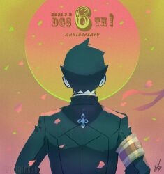 Rule 34 | 1boy, ace attorney, anniversary, armband, black hair, black jacket, copyright name, dated, facing away, from behind, jacket, long sleeves, male focus, nuri kazuya, ryunosuke naruhodo, short hair, signature, solo, the great ace attorney, upper body