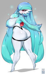 Rule 34 | 1girl, alternate color, artist name, ass, bayeuxman, black panties, blue hair, blue skin, blush, breasts, colored skin, creatures (company), female focus, from behind, full body, game freak, gardevoir, gen 3 pokemon, gradient background, grey background, hair over one eye, hand up, highleg, highleg panties, highres, huge breasts, kneepits, large areolae, legs, long hair, looking at viewer, looking back, multicolored skin, nintendo, nipples, one eye covered, open mouth, outstretched arm, panties, pokemon, pokemon (creature), raised eyebrows, red eyes, shiny pokemon, shiny skin, simple background, skindentation, solo, standing, strap, t-back spats, thighs, topless, two-tone skin, underwear, very long hair, watermark, white skin, wide hips