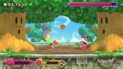 Rule 34 | apple, blue sky, closed eyes, day, food, fruit, game screenshot, health bar, holding, holding sword, holding weapon, kirby, kirby (series), kirby fighters 2, nintendo, no humans, open mouth, outdoors, sky, sword, sword kirby, weapon, whispy woods