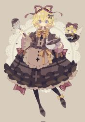 Rule 34 | 2girls, :t, apron, back bow, blonde hair, blue eyes, blush, bow, bowl, bowtie, brown bow, brown pantyhose, brown shirt, brown skirt, candy, chocolate, chocolate bar, closed mouth, corrupted twitter file, fairy wings, food, frilled shirt, frilled skirt, frills, full body, hair bow, hat, hat ribbon, highres, holding, holding bowl, holding food, holding whisk, lace, lace-trimmed skirt, lace trim, lolita fashion, looking at viewer, medicine melancholy, multiple girls, nikorashi-ka, pantyhose, pout, red bow, ribbon, shirt, shoes, short hair, simple background, skirt, su-san, symbol in eye, touhou, v-shaped eyebrows, waist apron, whisk, wings, yellow bow, yellow bowtie