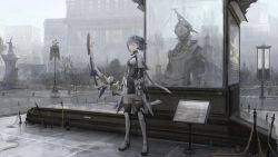 Rule 34 | 1girl, absurdres, black thighhighs, bow (weapon), breasts, building, cross, cross earrings, earrings, echo (punishing: gray raven), grey eyes, high heels, highres, holding, holding bow (weapon), holding weapon, jewelry, joints, looking at viewer, mechanical arms, medium breasts, outdoors, paindude, punishing: gray raven, purple hair, robot joints, short hair, solo, standing, thigh strap, thighhighs, weapon