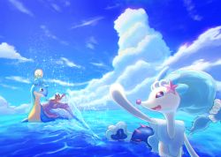 Rule 34 | :d, aoiro, cloud, commentary request, creatures (company), day, closed eyes, fang, game freak, gen 1 pokemon, gen 7 pokemon, happy, highres, lapras, looking back, nintendo, open mouth, outdoors, pokemon, pokemon (creature), pokemon on head, primarina, rowlet, skin fang, sky, smile, splashing, swimming, tongue, torracat, water