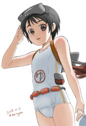 Rule 34 | 1girl, black hair, brown eyes, dated, diving mask, diving mask on head, flat chest, goggles, goggles on head, kantai collection, looking at viewer, machinery, maira gen, maru-yu (kancolle), one-piece swimsuit, parted bangs, salute, school swimsuit, short hair, simple background, solo, standing, swimsuit, thick eyebrows, twitter username, white background, white one-piece swimsuit, white school swimsuit
