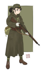 Rule 34 | 1girl, black hair, bolt action, brown eyes, coat, commentary, full body, glasses, gloves, gun, hat, highres, holding, holding gun, holding weapon, imperial japanese army, military, military hat, military uniform, original, overcoat, ponytail, pouch, rifle, round eyewear, simple background, sino (mechanized gallery), solo, strap, arisaka, uniform, weapon