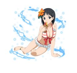 Rule 34 | anklet, arm support, barefoot, bikini, black eyes, black hair, breasts, cleavage, collarbone, feet, flower, food, frilled bikini, frills, full body, hair flower, hair ornament, hibiscus, holding, holding food, ice cream, jewelry, kirigaya suguha, large breasts, looking at viewer, navel, orange flower, parted lips, short hair, sparkle, striped bikini, striped clothes, swimsuit, sword art online, toes, transparent background