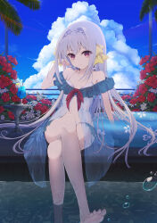 Rule 34 | 1girl, arm at side, bare legs, bare shoulders, barefoot, bikini, blue innertube, blue sky, bow, braid, breasts, cherry blossom print, closed mouth, cloud, coffee1223, collarbone, commentary, crossed legs, crown braid, cumulonimbus cloud, curvy, eyelashes, eyes visible through hair, floral print, flower, foot out of frame, grey hair, hair between eyes, hair bow, hair intakes, hair spread out, hand up, hibiscus, highres, leaning back, light blush, long hair, looking at viewer, navel, outdoors, palm leaf, poolside, red eyes, red flower, relaxing, ribbon, sakurakouji luna, sitting, sky, small breasts, smile, soaking feet, solo, swimsuit, tsuki ni yorisou otome no sahou, very long hair, water, water drop, white bikini, white flower, white ribbon, yellow bow