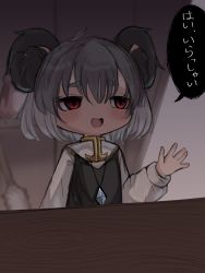 Rule 34 | 1girl, absurdres, animal ear fluff, animal ears, blush, capelet, commentary request, cookie (touhou), counter, crystal, dress, flat chest, grey dress, grey hair, hair between eyes, highres, iidabashi, indoors, jewelry, long sleeves, looking afar, mouse ears, mouse girl, nazrin, nyon (cookie), open mouth, pendant, red eyes, shirt, short hair, smile, solo, thick eyebrows, touhou, translation request, upper body, white capelet, white shirt