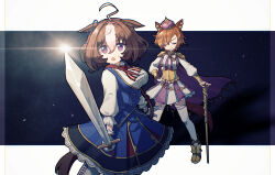 Rule 34 | 2girls, absurdres, ahoge, animal ears, blue dress, breasts, brown hair, cape, closed eyes, closed mouth, commentary request, crown, dress, ear piercing, ears down, hair between eyes, hairband, hand on own hip, highres, holding, holding sword, holding weapon, horse ears, horse girl, horse tail, large breasts, long sleeves, meisho doto (umamusume), mini crown, multicolored hair, multiple girls, open mouth, orange hair, pb lumum, piercing, pink cape, purple eyes, shirt, short hair, smile, star (sky), sweat, sword, t.m. opera o (umamusume), tail, thighhighs, two-tone skirt, umamusume, weapon, white hair, white thighhighs
