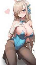Rule 34 | 1girl, absurdres, animal ears, asuna (blue archive), asuna (bunny) (blue archive), bare shoulders, blonde hair, blue archive, blue bow, blue bowtie, blue eyes, blue leotard, blue ribbon, blush, bow, bowtie, breasts, cleavage, closed mouth, collar, detached collar, fake animal ears, gloves, hair over one eye, hair ribbon, hairband, hand on own chest, heart, highres, kneeling, large breasts, leotard, long hair, looking at viewer, mole, mole on breast, no shoes, pantyhose, pharamacom, playboy bunny, rabbit ears, ribbon, smile, solo, strapless, strapless leotard, thighband pantyhose, traditional bowtie, very long hair, white background, white collar, white gloves, white hairband