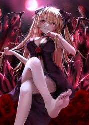 Rule 34 | 1girl, alternate breast size, alternate costume, babydoll, bare legs, barefoot, blonde hair, blush, breasts, choker, cleavage, crossed legs, crystal wings, fingernails, flandre scarlet, flower, foot out of frame, highres, lace-trimmed babydoll, lace trim, looking at viewer, medium breasts, moon, nail polish, night, night sky, one side up, panties, purple babydoll, purple choker, purple panties, red eyes, red flower, red rose, rose, shironeko yuuki, sitting, sky, smile, soles, solo, toes, touhou, twintails, underwear