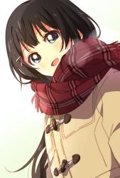 Rule 34 | 1girl, black hair, blue eyes, brown coat, coat, duffel coat, enpera, hair ornament, hairclip, highres, long hair, long sleeves, looking at viewer, namori, nijisanji, open mouth, plaid, plaid scarf, red scarf, scarf, simple background, smile, solo, tsukino mito, tsukino mito (6th costume), virtual youtuber, white background, winter clothes, winter coat