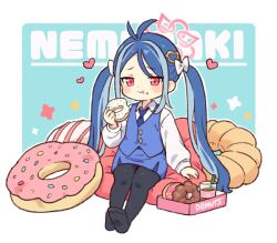 Rule 34 | 1girl, antenna hair, black pantyhose, blue archive, blue hair, blue necktie, blue skirt, blue vest, blush, closed mouth, collared shirt, doughnut, eating, food, food on face, fubuki (blue archive), grey hair, halo, heart, holding, holding food, long hair, multicolored hair, necktie, onyhakase, pantyhose, pink halo, red eyes, shirt, skirt, smile, solo, twintails, vest, white shirt