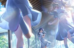Rule 34 | 3girls, :o, ankle socks, blonde hair, blue eyes, blue hair, blue ribbon, dark blue hair, dress, dutch angle, floating hair, game cg, gradient hair, hair ribbon, hallway, hasu no sora school uniform, highres, hinoshita kaho, leg up, light blue hair, link! like! love live!, long hair, looking back, love live!, low twintails, medium dress, multicolored hair, multiple girls, murano sayaka, neckerchief, official art, osawa rurino, out of frame, outdoors, pleated dress, puffy short sleeves, puffy sleeves, red neckerchief, ribbon, running, sailor collar, sailor dress, school uniform, short sleeves, socks, summer uniform, third-party source, tree, twintails, virtual youtuber, white dress, white sailor collar, white socks