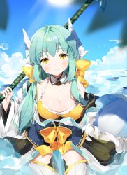 Rule 34 | 1girl, aqua hair, bad id, bad pixiv id, ball, bare shoulders, blush, breasts, cleavage, cloud, cloudy sky, day, detached collar, fate/grand order, fate (series), head tilt, highres, holding, holding weapon, horns, japanese clothes, kiyohime (fate), kiyohime (swimsuit lancer) (first ascension) (fate), kneeling, large breasts, long hair, looking at viewer, ongyageum, outdoors, over shoulder, sidelocks, sitting, sky, smile, solo, sun, thighhighs, weapon, weapon over shoulder, white thighhighs, wide sleeves, yellow eyes