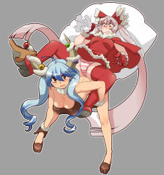 Rule 34 | 2girls, blue hair, blush, boots, bow, breasts, christmas, cleavage, female focus, fujiwara no mokou, gloves, grey background, hair bow, highres, horns, kamishirasawa keine, large breasts, long hair, multiple girls, panties, red eyes, sack, santa costume, silver hair, simple background, striped clothes, striped panties, thigh boots, thighhighs, touhou, underwear, yumiya