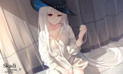 Rule 34 | 1girl, arknights, black hat, blush, breasts, hat, highres, large breasts, leria v, long hair, looking at viewer, pointy hat, red eyes, shirt, sitting, skadi (arknights), solo, white hair, white shirt