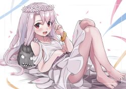 Rule 34 | 1girl, absurdres, bare shoulders, barefoot, blush, bracelet, breasts, collarbone, dress, fate/stay night, fate (series), hair between eyes, heracles (fate), highres, illyasviel von einzbern, jewelry, kebab (blackdoll), long hair, looking at viewer, lying, on back, open mouth, red eyes, sidelocks, small breasts, smile, stuffed toy, white dress, white hair