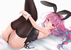 Rule 34 | 1girl, :o, alternate hairstyle, animal ears, ass, bare shoulders, black leotard, black panties, black thighhighs, blue hair, braid, breasts, colored inner hair, commentary, fake animal ears, headband, hololive, hugging own legs, legs up, leotard, long hair, looking at viewer, lying, medium breasts, minato aqua, multicolored hair, nikoo, on back, open mouth, panties, playboy bunny, purple eyes, purple hair, rabbit ears, simple background, solo, thighhighs, thighs, two-tone hair, underwear, virtual youtuber, white background, wrist cuffs