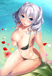 Rule 34 | 10s, 1girl, bikini, black bikini, blue eyes, blush, breasts, collarbone, day, from above, hair between eyes, highres, kantai collection, kashima (kancolle), large breasts, long hair, looking at viewer, looking up, micro bikini, navel, nipple slip, nipples, nironiro, one breast out, open mouth, outdoors, partially submerged, petals, side-tie bikini bottom, sidelocks, silver hair, sitting, smile, solo, swimsuit, thighs, tsurime, twintails, wavy hair, wet