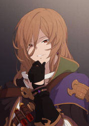 Rule 34 | 1boy, black gloves, brown eyes, brown hair, cloak, earrings, gloves, gradient background, granblue fantasy, hair between eyes, hand on own chin, hand up, jewelry, lamorak (granblue fantasy), looking at viewer, male focus, mifuta, smile, solo, stroking own chin, test tube, upper body