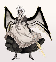 Rule 34 | 1girl, absurdres, angel, angel wings, animification, apron, black halo, black lips, black wings, dressing, eyelashes, feathered wings, frilled apron, frills, gloves, glowing, glowing halo, grey hair, grey wings, halo, hazbin hotel, highres, holding, holding sword, holding weapon, lanveril, lute (hazbin hotel), maid, maid apron, maid headdress, short hair, solo, sword, two-tone wings, waist apron, weapon, white apron, white hair, wings, yellow eyes