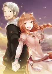 Rule 34 | 1boy, 1girl, animal ears, back-to-back, beard, black eyes, bracelet, braid, brown hair, collarbone, craft lawrence, facial hair, floating hair, holding hands, hetero, holo, jewelry, long hair, open mouth, silver hair, spice and wolf, standing, tail, wolf ears, wolf tail