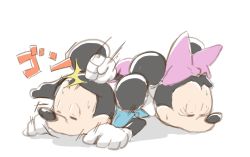 Rule 34 | 1boy, 1girl, animal ears, blue shirt, bow, commentary request, disney, dress, closed eyes, gloves, green kj momo, hitting, lying, mickey mouse, minnie mouse, on stomach, pink dress, shirt