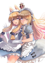 Rule 34 | 2girls, ;p, apron, azur lane, blonde hair, blue eyes, crown, cup, drill hair, eyebrows hidden by hair, fang, frilled apron, frilled skirt, frills, gloves, gold trim, hairband, headdress, highres, long hair, looking at viewer, maid, maid headdress, mini crown, multiple girls, official alternate costume, one eye closed, open mouth, puffy short sleeves, puffy sleeves, queen elizabeth (azur lane), queen elizabeth (yes your maidness!) (azur lane), schreibe shura, short sleeves, sitting, skin fang, skirt, teacup, thighhighs, tongue, tongue out, tree, warspite (azur lane), white apron, white gloves, white legwear, wrist cuffs