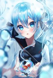 Rule 34 | 1girl, absurdres, blue eyes, blue hair, blush, bottle miku, cupping hands, fish, hatsune miku, highres, long hair, looking at viewer, open mouth, own hands together, solo, vocaloid, water, yuuyu (moco20111115)