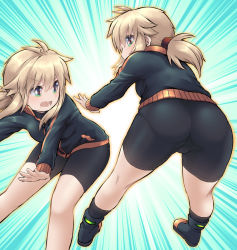 Rule 34 | 1girl, antenna hair, ass, bike shorts, black footwear, black jacket, black legwear, black shorts, blonde hair, breasts, commentary request, green eyes, hair between eyes, highres, hip attack, jacket, koshirae tsurugi (m.m), long hair, long sleeves, low ponytail, m.m, multiple views, open mouth, original, ponytail, shoes, short shorts, shorts, small breasts, socks, track jacket, v-shaped eyebrows