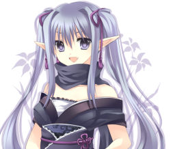 Rule 34 | 1girl, :d, bare shoulders, fang, hair ribbon, japanese clothes, kimono, long hair, looking at viewer, looking back, lowres, off shoulder, open mouth, original, pointy ears, purple ribbon, ribbon, sash, scarf, silver hair, simple background, smile, solo, takase kanan, very long hair, white background