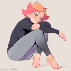 Rule 34 | 1girl, absurdres, amanda o&#039;neill, anklet, barefoot, black panties, black sweater, denim, feet, green eyes, highres, jeans, jewelry, little witch academia, looking at viewer, multicolored hair, orange hair, panties, pants, pudgeruffian, sitting, skin tight, solo, sweater, toes, underwear