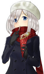 Rule 34 | 10s, 1girl, alternate costume, berry, black gloves, blue coat, blue eyes, buttons, coat, crepe, eating, eyes visible through hair, food, fruit, gloves, hair ornament, hair over one eye, hairclip, hamakaze (kancolle), hat, highres, kantai collection, red scarf, scarf, short hair, silver hair, simple background, sin (kami148), solo, striped clothes, striped scarf, white background, winter clothes, winter coat