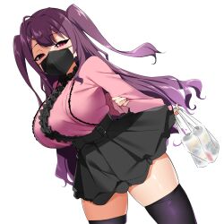 Rule 34 | 1girl, arm behind back, bag, bebebe (pepegakii), black skirt, black thighhighs, blouse, breasts, cowboy shot, hase rinon, high-waist skirt, highres, holding, holding bag, large breasts, long sleeves, mask, miniskirt, mouth mask, pink eyes, pink shirt, plastic bag, purple hair, shirt, shopping bag, simple background, skirt, solo, tama project, thighhighs, two side up, virtual youtuber, white background, zettai ryouiki