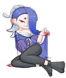 Rule 34 | 1girl, absurdres, atori (a ttori), blue hair, capelet, chest sarashi, collarbone, ear piercing, full body, hair over one eye, highres, looking at viewer, nintendo, octoling girl, octoling player character, piercing, pointy ears, red eyes, sarashi, shiver (splatoon), sitting, solo, splatoon (series), splatoon 3, twisted torso, white background