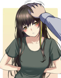 Rule 34 | 1girl, 3 small spiders, :o, absurdres, arms behind back, blush, breasts, brown eyes, brown hair, collarbone, girls&#039; frontline, green shirt, hand on own head, headphones, highres, leaning forward, long hair, looking away, m4a1 (girls&#039; frontline), medium breasts, multicolored hair, open mouth, shirt, simple background, solo, upper body