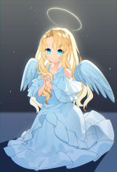 Rule 34 | 1girl, angel, angel wings, blonde hair, blue eyes, closed mouth, collarbone, curly hair, dot nose, dress, feathered wings, glowing, halo, highres, interlocked fingers, long hair, original, praying, solo, usalxlusa, white dress, wings