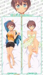 Rule 34 | ;d, ahoge, arm up, bad id, bad pixiv id, barefoot, bed sheet, billie (meng gong fang), black shorts, blue jacket, blush, breasts, brown hair, cleavage, collarbone, dakimakura (medium), dark skin, dress, feet, frilled dress, frills, from above, full body, green dress, green eyes, highres, jacket, leg up, looking at viewer, lying, medium breasts, multiple views, navel, new game!, on back, one eye closed, open clothes, open jacket, open mouth, orange shirt, panties, polka dot, polka dot dress, shinoda hajime, shirt, short dress, short hair, short shorts, shorts, side ponytail, sleeveless, sleeveless dress, sleeveless shirt, smile, soles, toes, underwear, yellow panties