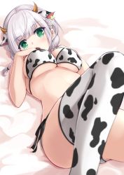 Rule 34 | 1girl, absurdres, animal ears, animal print, bare arms, bare shoulders, bed sheet, bikini, black ribbon, blurry, blurry foreground, blush, braid, breasts, cow ears, cow girl, cow horns, cow print, depth of field, foreshortening, green eyes, hands on own chest, highres, hololive, horns, knee up, kuro (be ok), large breasts, long hair, looking at viewer, lying, on back, on bed, open mouth, print bikini, print thighhighs, ribbon, shirogane noel, side-tie bikini bottom, silver hair, solo, swimsuit, thighhighs, twin braids, underboob, virtual youtuber, white bikini, white legwear