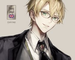 Rule 34 | 1boy, blonde hair, brown background, collar, collared shirt, fate/grand order, fate (series), glasses, green eyes, hair between eyes, highres, jekyll and hyde (fate), koshika rina, looking at viewer, male focus, necktie, open mouth, portrait, shirt, short hair, simple background, smile, union jack, waistcoat, white shirt