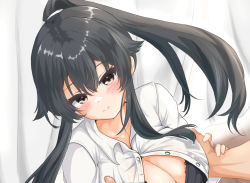 Rule 34 | 1boy, 1girl, black bra, black hair, blush, bra, grabbing another&#039;s breast, breasts, cleavage, commentary request, commission, dress shirt, grabbing, guided breast grab, guiding hand, kantai collection, kasashi (kasasi008), large breasts, long hair, looking at viewer, open clothes, partially unbuttoned, ponytail, red eyes, shirt, sidelocks, smile, solo focus, unbuttoned, unbuttoned shirt, underwear, upper body, white shirt, yahagi (kancolle)
