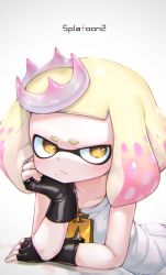 Rule 34 | + +, 1girl, cephalopod eyes, crown, dress, elbow rest, fingerless gloves, gloves, hand on table, head rest, highres, inkling, kashu (hizake), looking at viewer, mole, mole under mouth, multicolored hair, nintendo, pearl (splatoon), solo, splatoon (series), splatoon 2, suction cups, table, tentacle hair, upper body, yellow eyes, zipper pull tab
