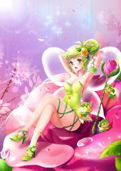 Rule 34 | 1girl, armpits, arms up, bad id, bad pixiv id, blush, breasts, cookie run, fairy cookie, fairy wings, flower, gradient background, green eyes, green hair, hair flower, hair ornament, high heels, open mouth, pointy ears, smile, ssumbi, wings