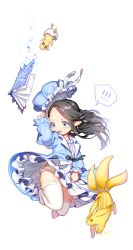 Rule 34 | 10s, 1girl, absurdres, bad id, bad pixiv id, black hair, blue dress, blue eyes, book, carbuncle (final fantasy), chicobo, clinexgrim, dress, dress tug, falling, final fantasy, final fantasy xiv, garter straps, hand on headwear, hat, highres, lalafell, long hair, no shoes, panties, pointy ears, tears, thighhighs, underwear, warrior of light (ff14), white background, white panties, white thighhighs, wind, wind lift