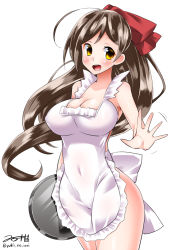 Rule 34 | 10s, 1girl, apron, bare shoulders, breasts, brown hair, cleavage, hair ornament, hair ribbon, hairclip, impossible clothes, kantai collection, kappougi, large breasts, long hair, mamiya (kancolle), naked apron, open mouth, outstretched hand, ponytail, ribbon, simple background, solo, very long hair, yellow eyes, yuuki hb