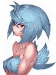 Rule 34 | 1girl, ahoge, antenna hair, blue eyes, blue hair, breasts, collarbone, eyelashes, fumio (rsqkr), looking at viewer, nipples, open mouth, portrait, short hair, small breasts, solo, tagme, white background, wings