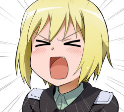 Rule 34 | &gt; &lt;, 1girl, blonde hair, emphasis lines, erica hartmann, closed eyes, fang, military, military uniform, open mouth, short hair, solo, strike witches, uniform, world witches series, youkan